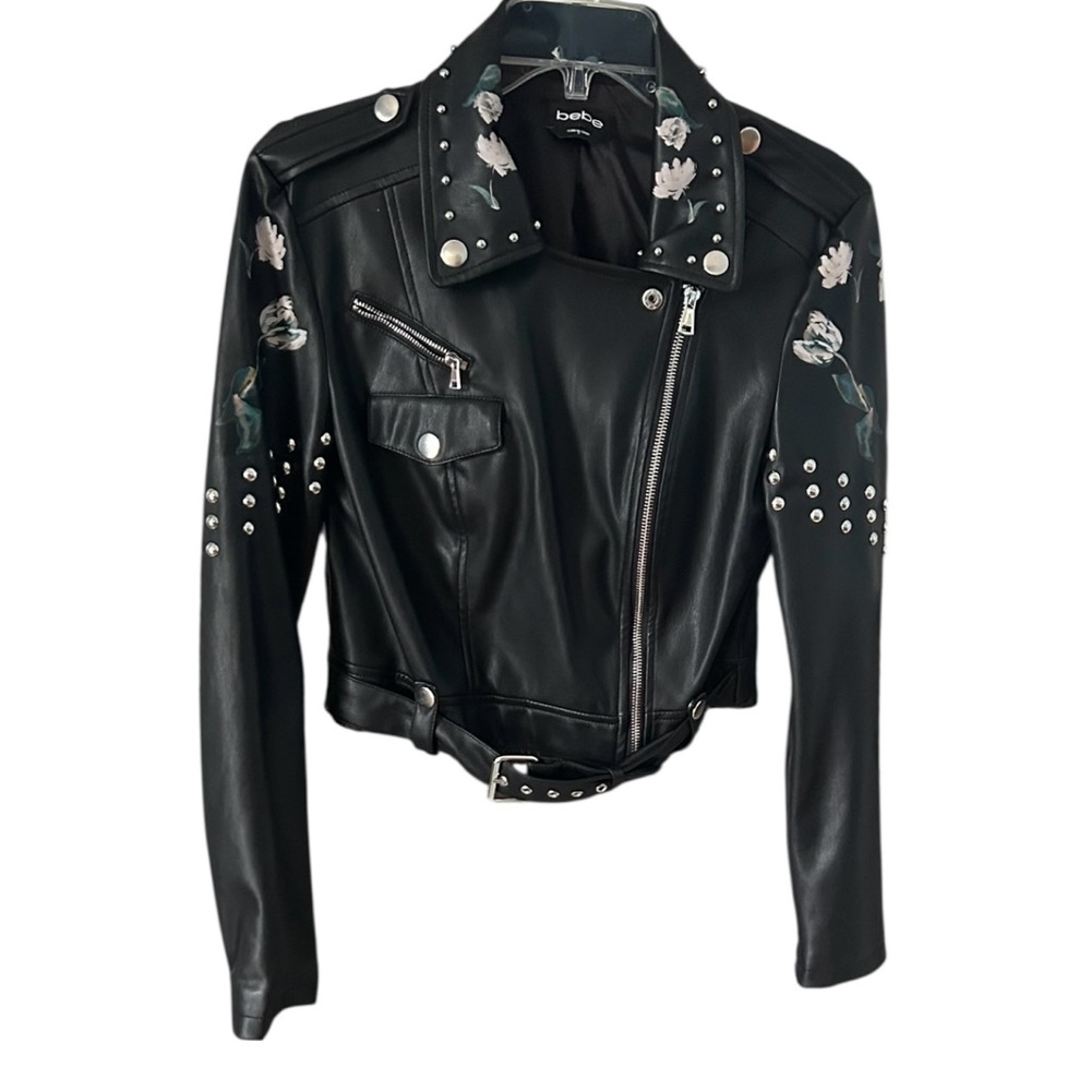 Bebe Faux Leather Moto Jacket Small Black Floral Studded Biker Zippers
